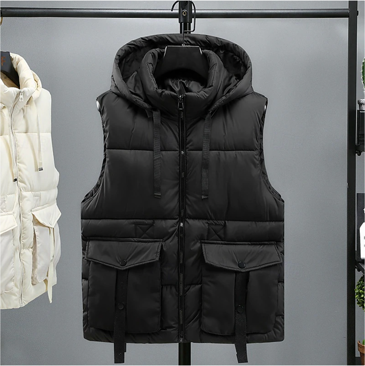 Men's Sleeveless Puffer Vest with Removable Hood - Black