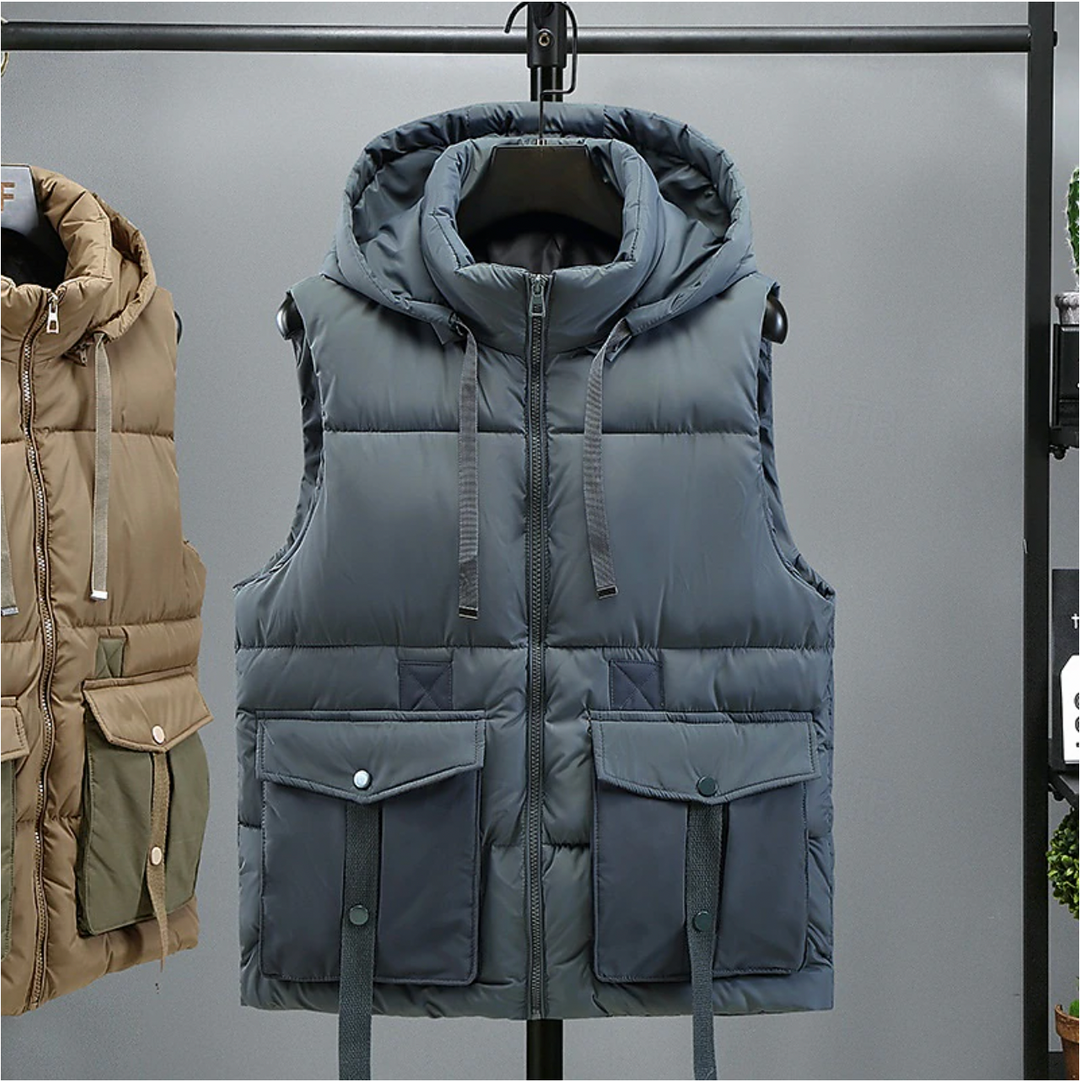 Men's Sleeveless Puffer Vest with Removable Hood - Blue