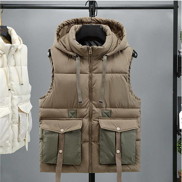 Men's Sleeveless Puffer Vest with Removable Hood - Khaki