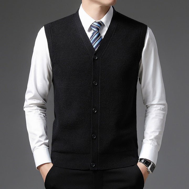 Men's Sleeveless V-Neck Vest - Slim Fit Button Closure - Black