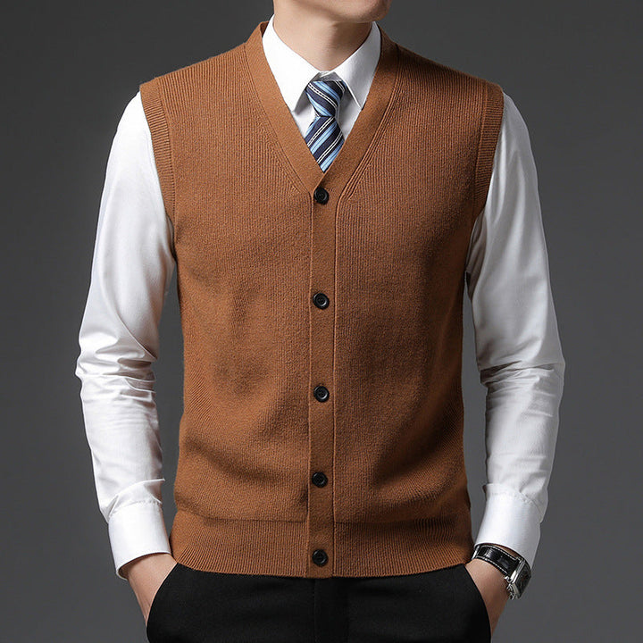 Men's Sleeveless V-Neck Vest - Slim Fit Button Closure - Brown