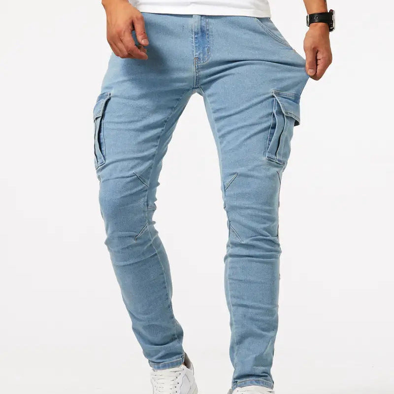 Men's Slim Fit Cargo Jeans - Multiple Pockets & Stretch - Blue
