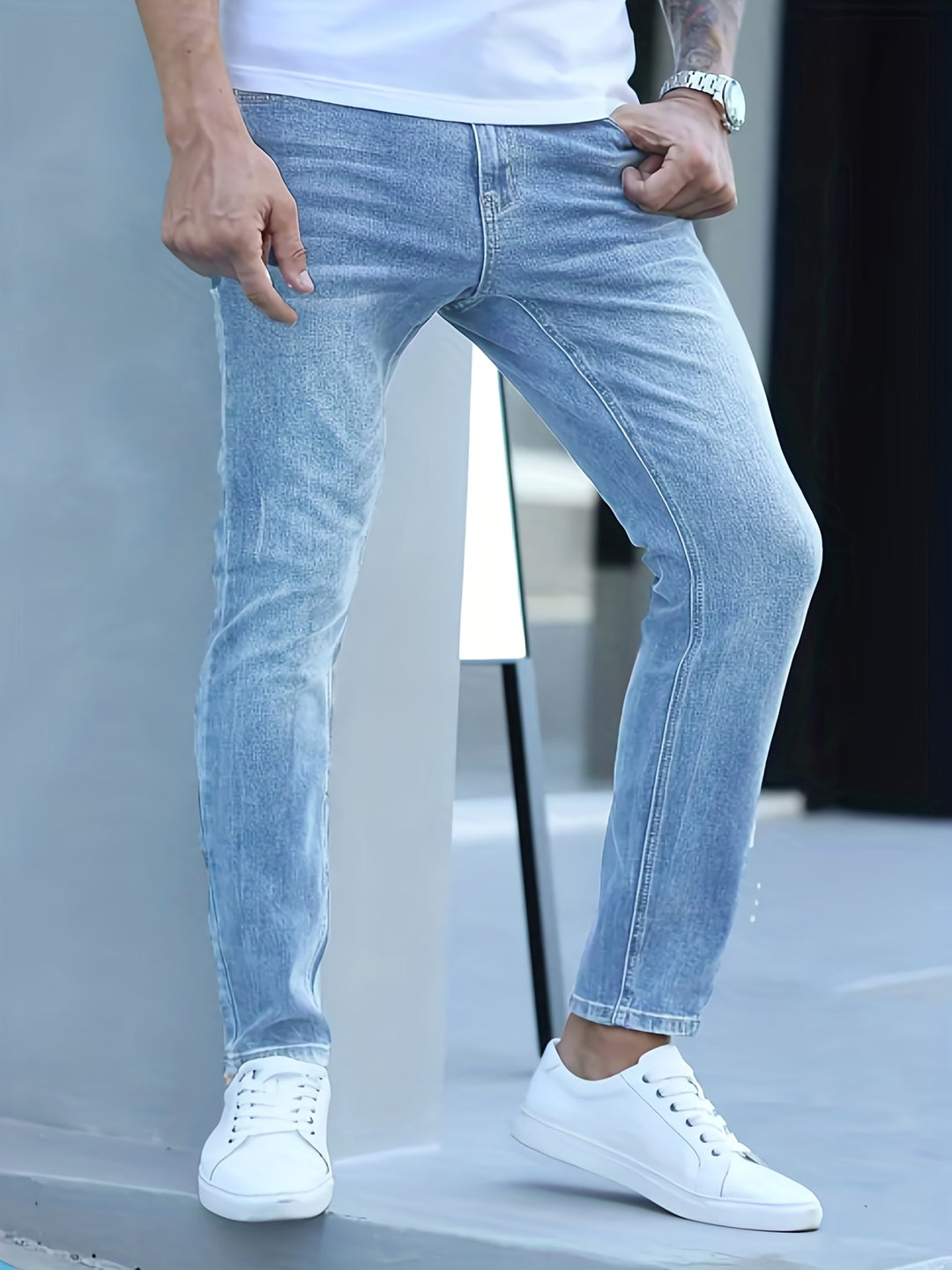 Men's Slim Fit Stretch Jeans - Casual Everyday Wear - Light Blue