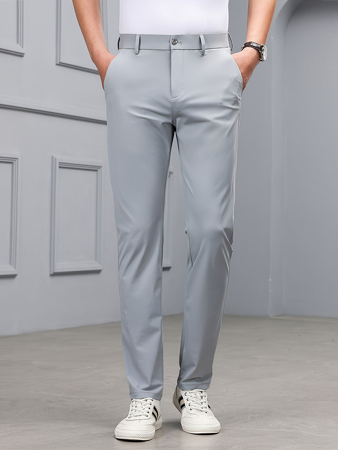 Men's Slim Fit Stretch Pants - Casual Comfort - Grey