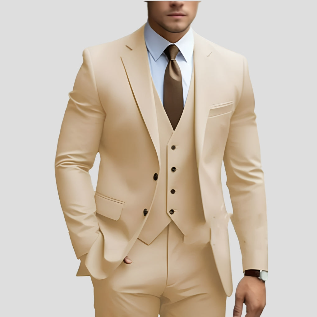 Men's Slim-Fit Three-Piece Suit in beige, Formal Elegance