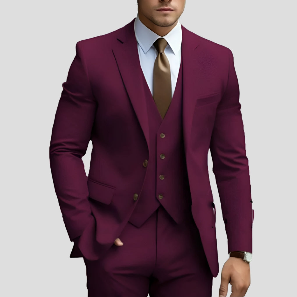 Men's Slim-Fit Three-Piece Suit in burgundy, Formal Elegance