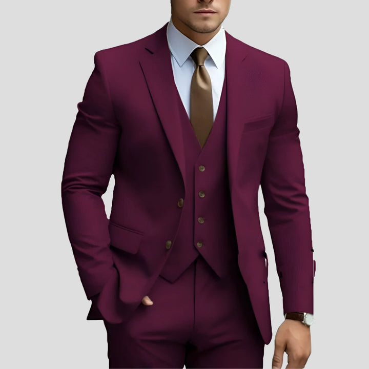 Men's Slim-Fit Three-Piece Suit in burgundy, Formal Elegance