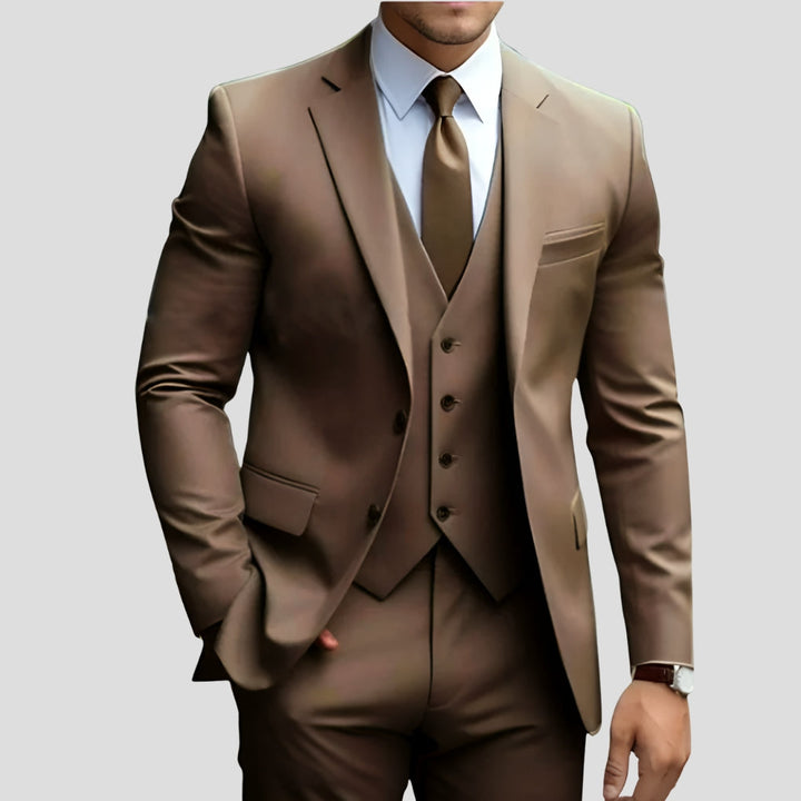 Men's Slim-Fit Three-Piece Suit in tan, Formal Elegance