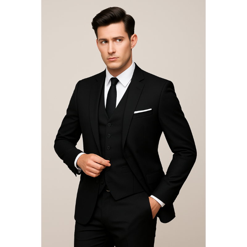 Men's Slim Fit Three-Piece Suit Set - Navy, Black, Grey - Black