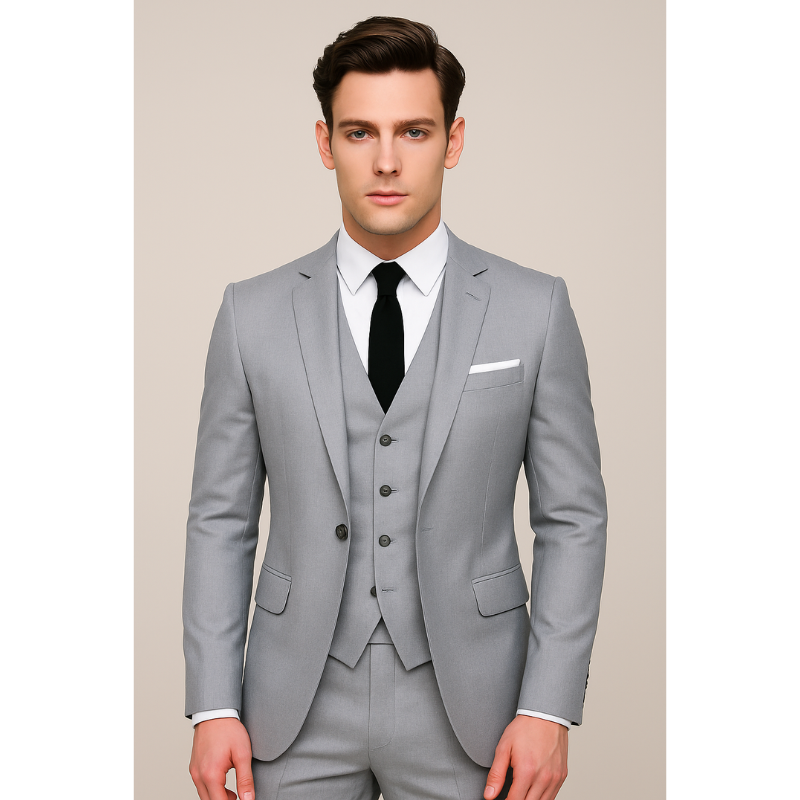 Men's Slim Fit Three-Piece Suit Set - Navy, Black, Grey - Grey
