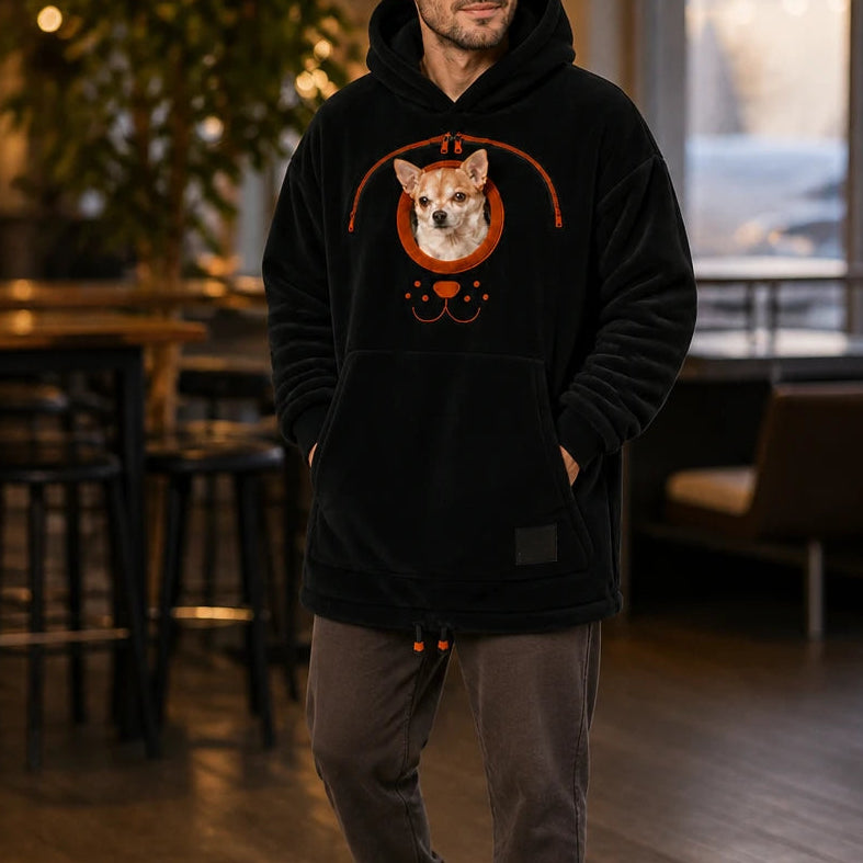 Men's Small Dog Pouch Hoodie in black, Hands-Free Carrier