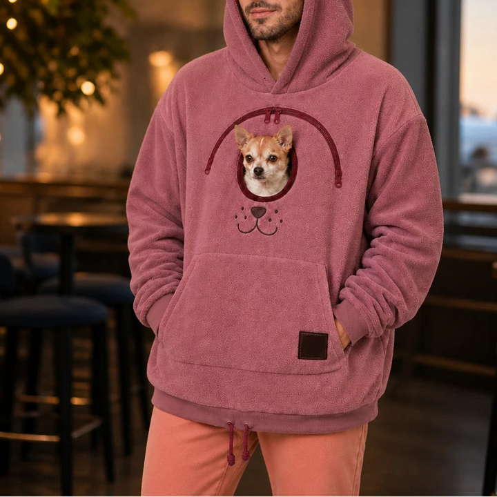 Men's Small Dog Pouch Hoodie in mauve pink, Hands-Free Carrier
