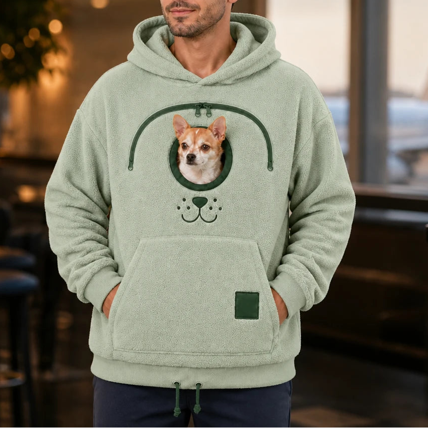 Men's Small Dog Pouch Hoodie in sage green, Hands-Free Carrier