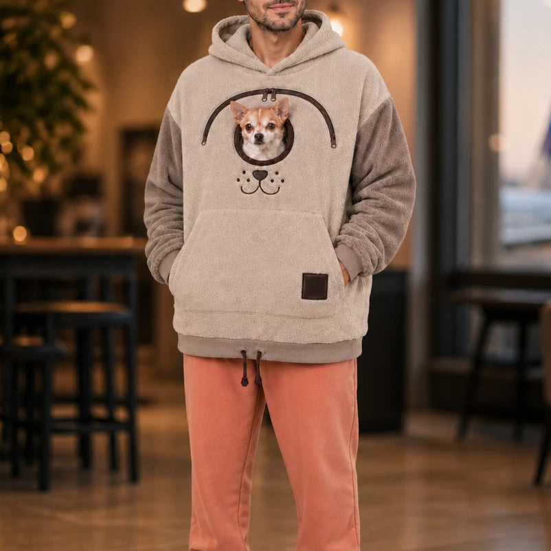 Men's Small Dog Pouch Hoodie in taupe beige, Hands-Free Carrier