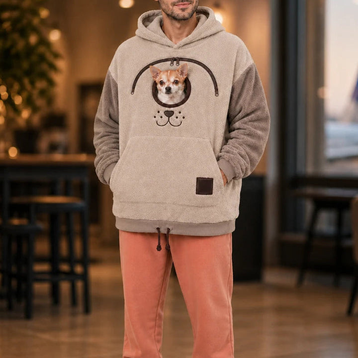 Men's Small Dog Pouch Hoodie in taupe beige, Hands-Free Carrier