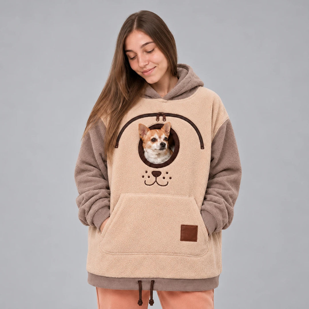 Men's Small Dog Pouch Hoodie in taupe beige, Hands-Free Carrier