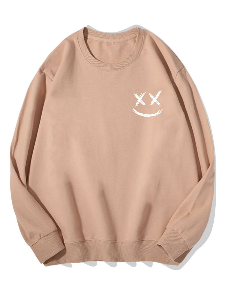 Men's Smiley Face Print Sweatshirt – Relaxed Fit Crew Neck - Beige