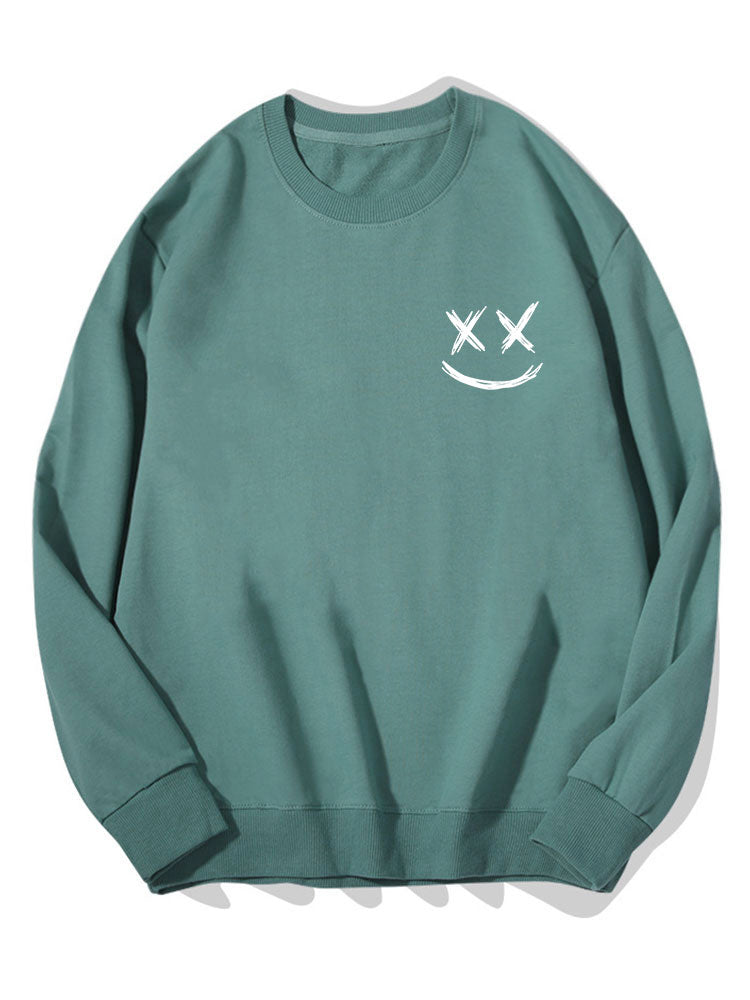 Men's Smiley Face Print Sweatshirt – Relaxed Fit Crew Neck - Blue Green