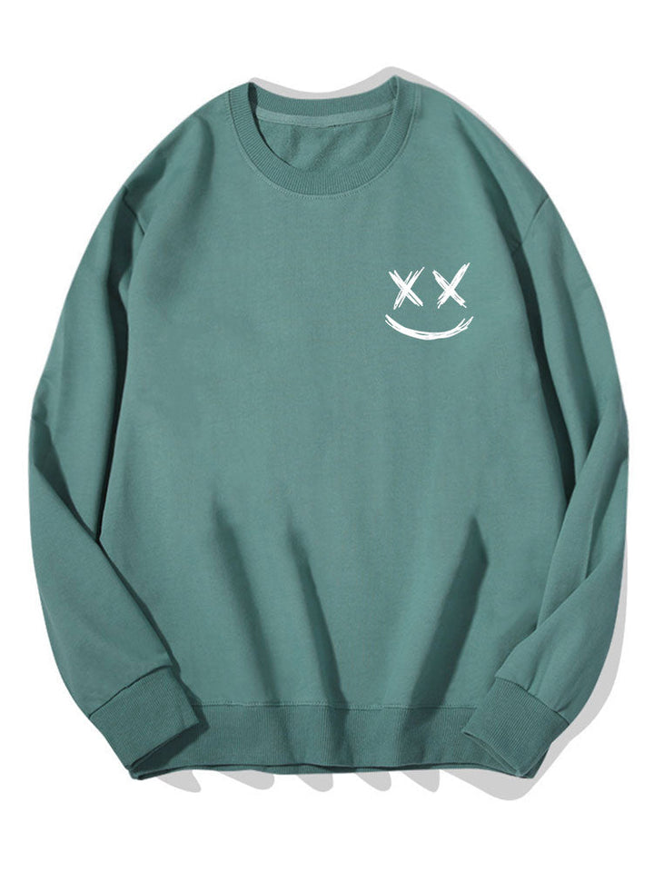 Men's Smiley Face Print Sweatshirt – Relaxed Fit Crew Neck - Blue Green