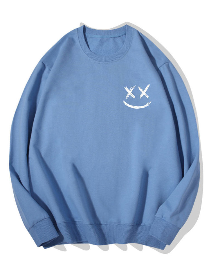 Men's Smiley Face Print Sweatshirt – Relaxed Fit Crew Neck - Light Blue