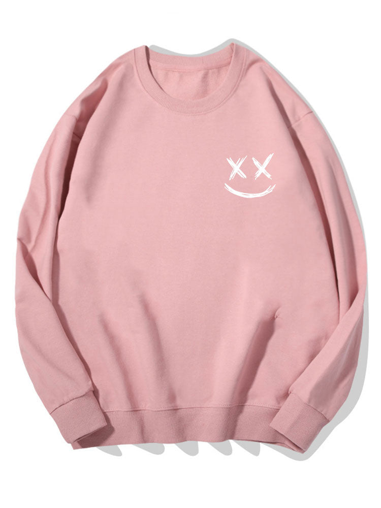 Men's Smiley Face Print Sweatshirt – Relaxed Fit Crew Neck - Light Pink