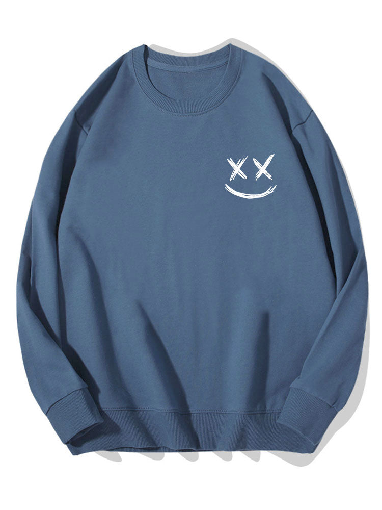 Men's Smiley Face Print Sweatshirt – Relaxed Fit Crew Neck - Navy
