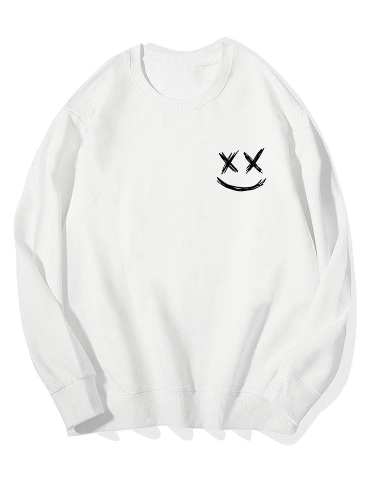 Men's Smiley Face Print Sweatshirt – Relaxed Fit Crew Neck - White
