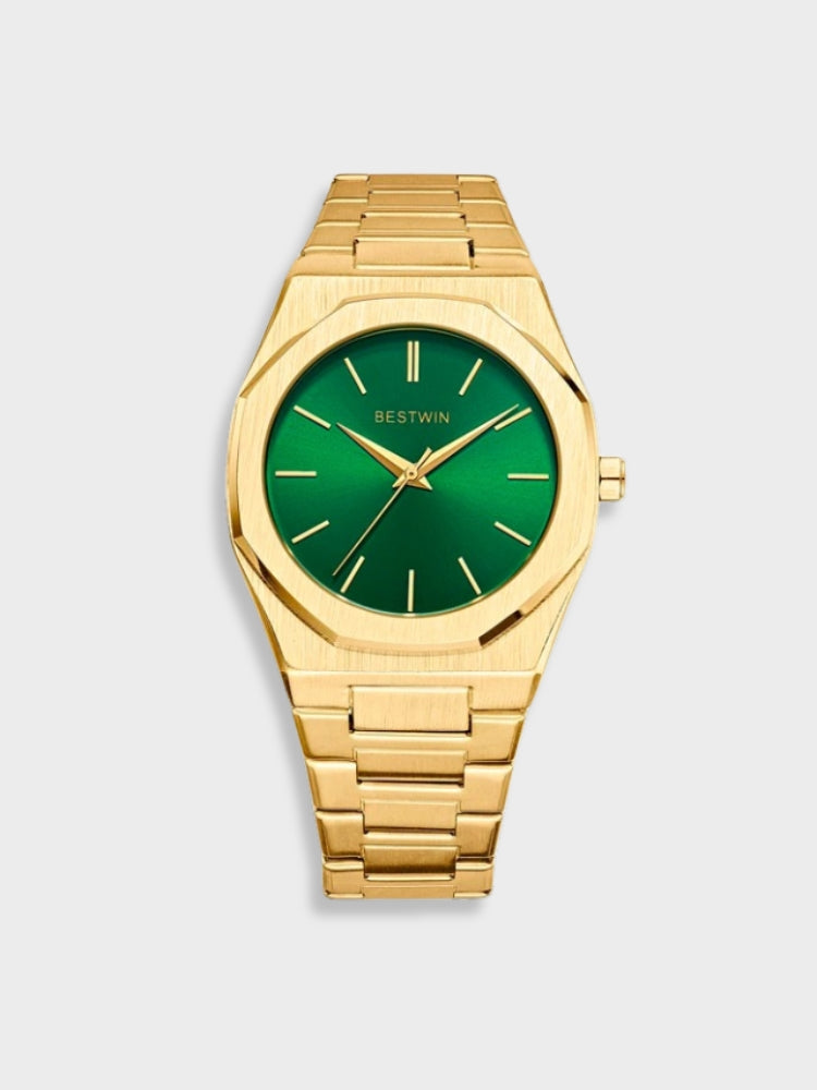 Men's Stainless Steel Vintage Watch - Classic Elegance - Gold-Green