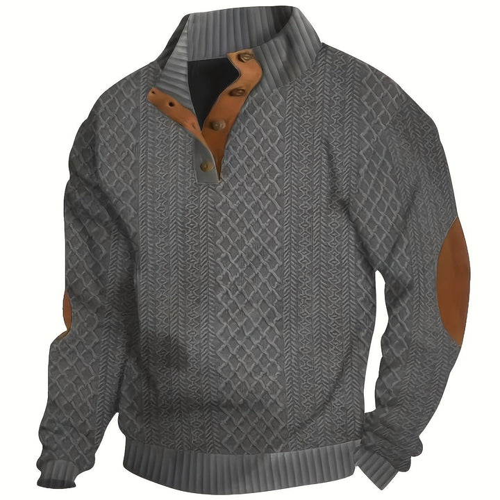 Men's Stand Collar Button Henley Sweater in dark gray, Relaxed Fit
