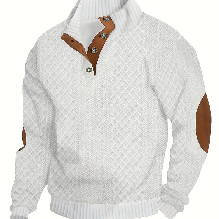 Men's Stand Collar Button Henley Sweater in ivory white, Relaxed Fit