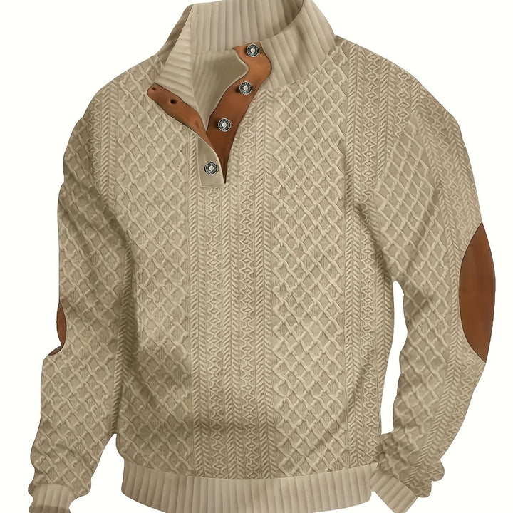 Men's Stand Collar Button Henley Sweater in khaki, Relaxed Fit