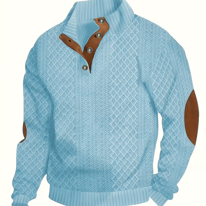 Men's Stand Collar Button Henley Sweater in sky blue, Relaxed Fit