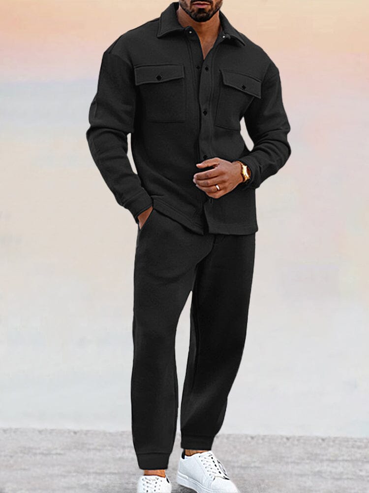 Men's Straight Two-Piece Set - Button-Up Spring Outfit - Black