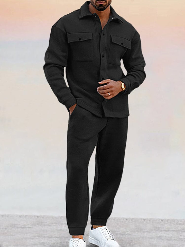 Men's Straight Two-Piece Set - Button-Up Spring Outfit - Black