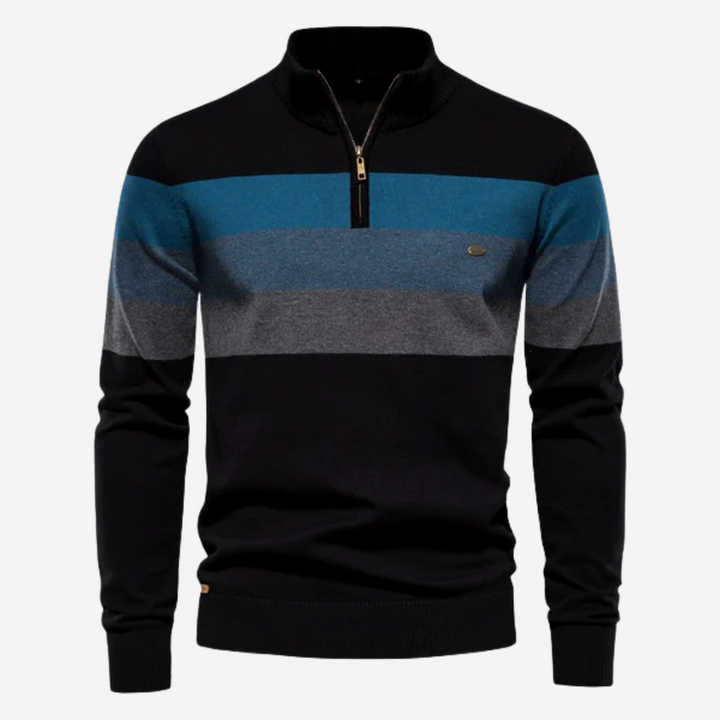 Men's Striped Crew Neck Sweater - Casual Comfort Knit - Black