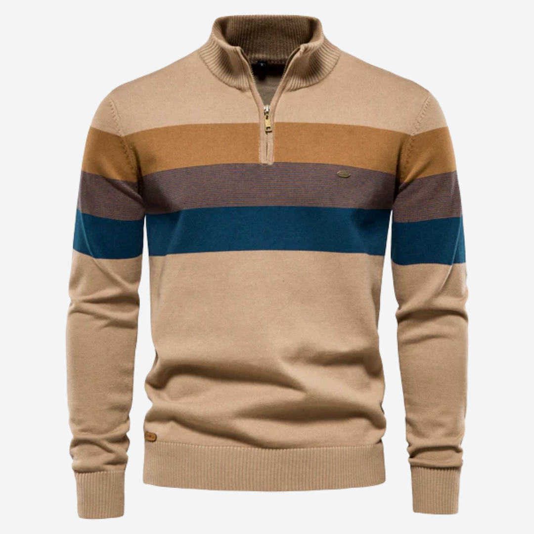 Men's Striped Crew Neck Sweater - Casual Comfort Knit - Khaki