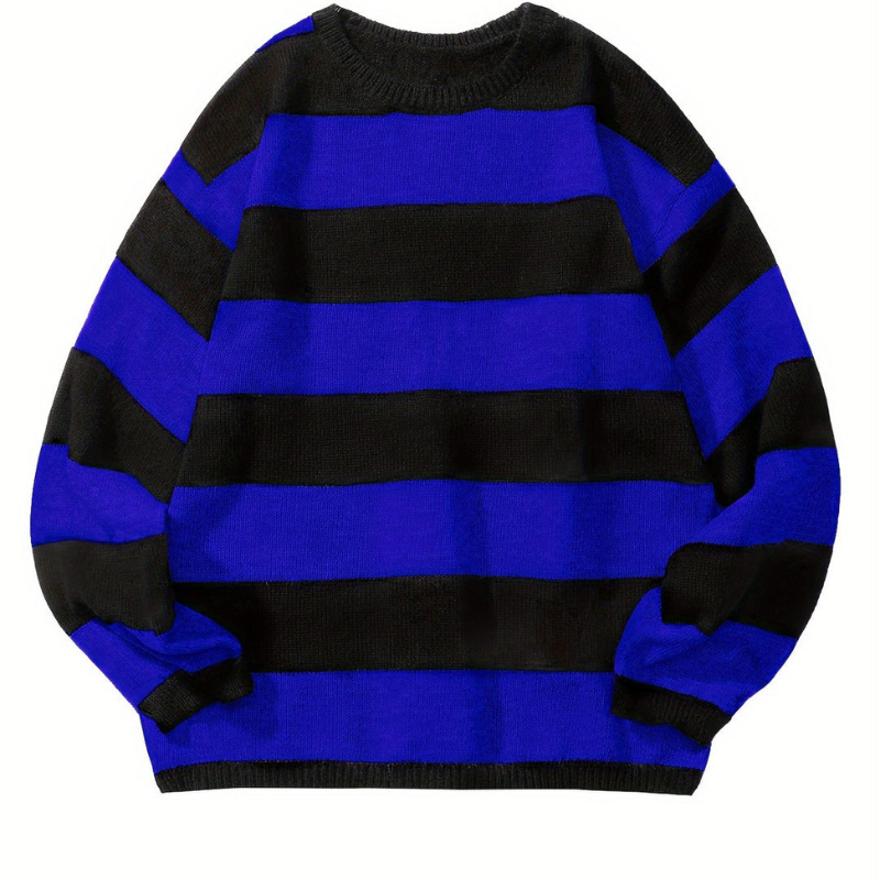 Men's Striped Knit Sweater - Retro Crew Neck - Blue 2