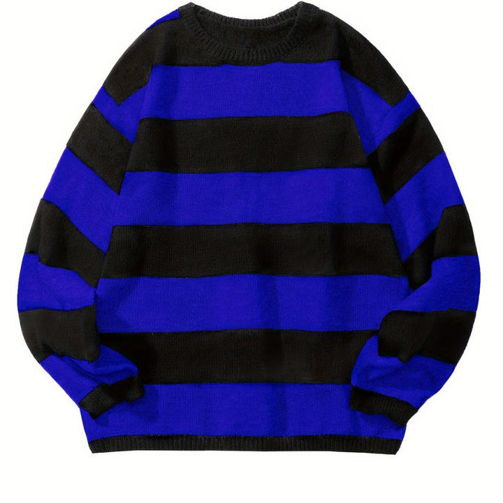 Men's Striped Knit Sweater - Retro Crew Neck - Blue 2