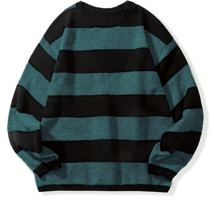 Men's Striped Knit Sweater - Retro Crew Neck - Blue