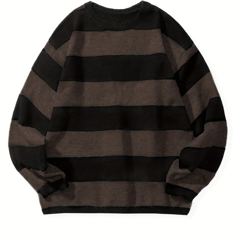 Men's Striped Knit Sweater - Retro Crew Neck - Brown 2