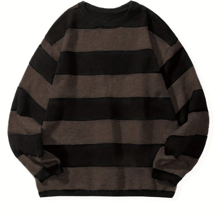 Men's Striped Knit Sweater - Retro Crew Neck - Brown 2