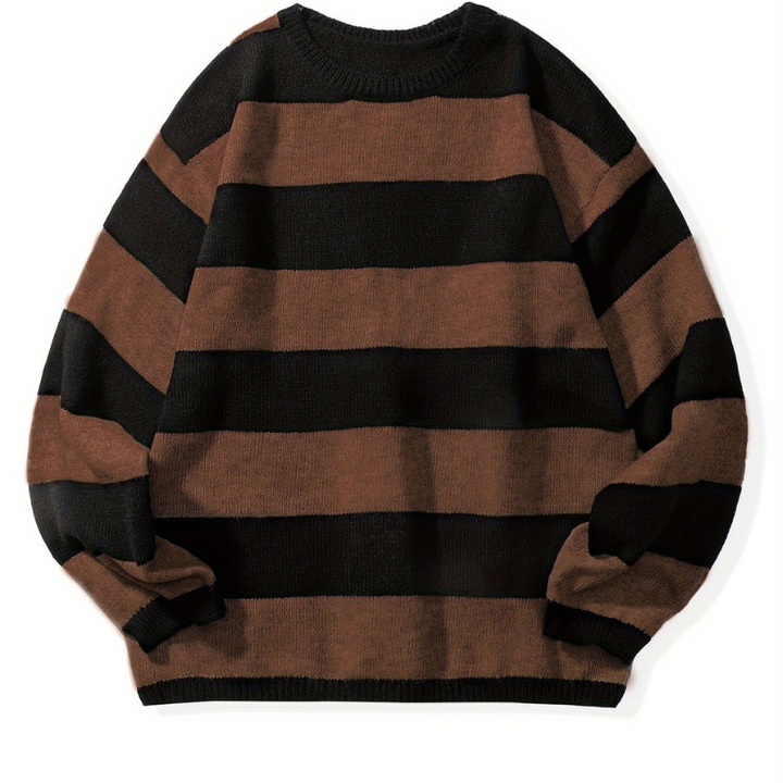 Men's Striped Knit Sweater - Retro Crew Neck - Brown