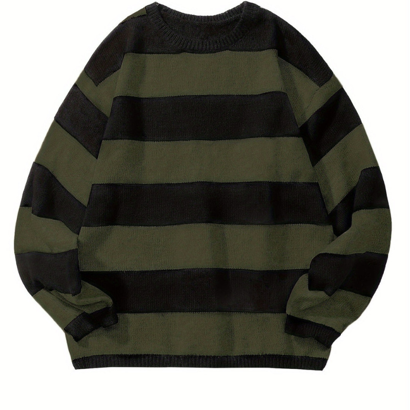Men's Striped Knit Sweater - Retro Crew Neck - Green