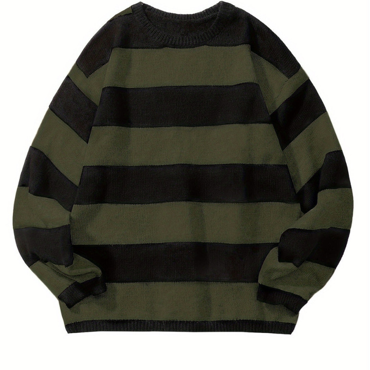 Men's Striped Knit Sweater - Retro Crew Neck - Green