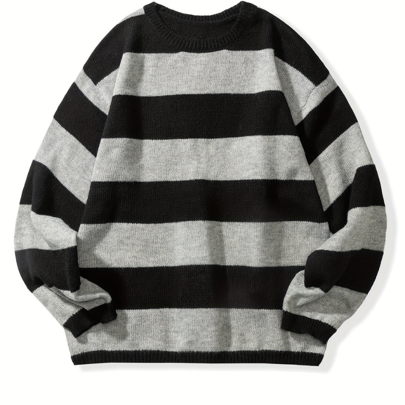 Men's Striped Knit Sweater - Retro Crew Neck - Grey