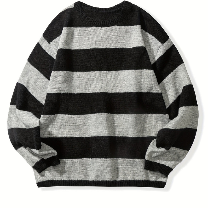Men's Striped Knit Sweater - Retro Crew Neck - Grey