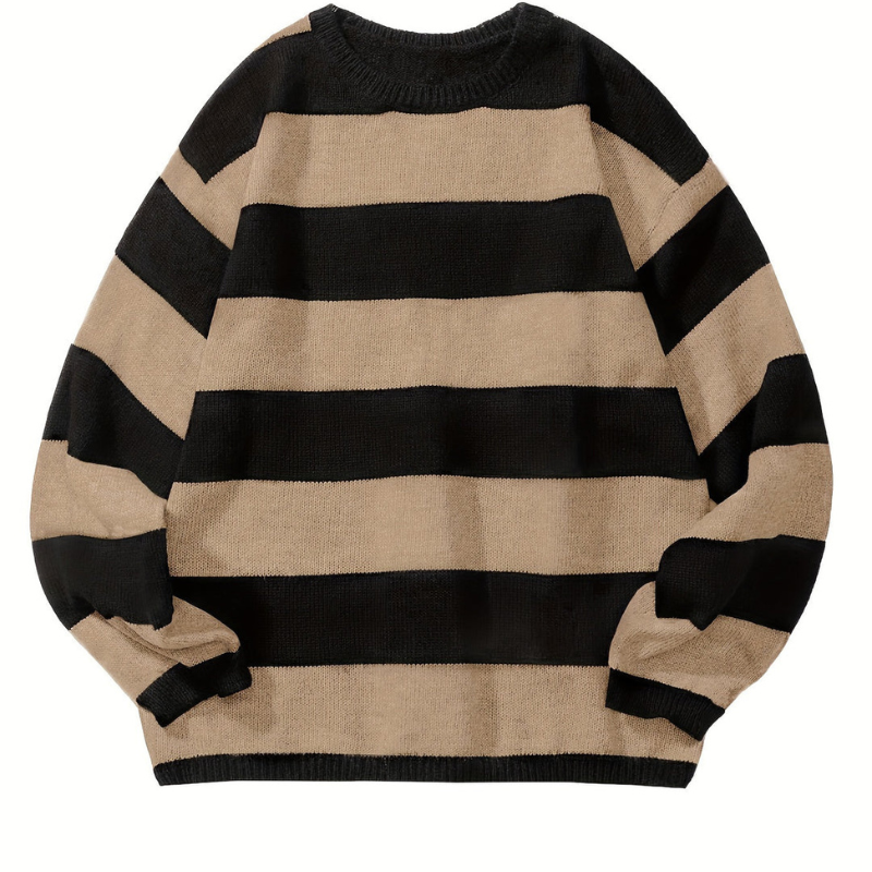 Men's Striped Knit Sweater - Retro Crew Neck - Khaki