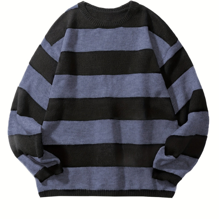 Men's Striped Knit Sweater - Retro Crew Neck - Navy