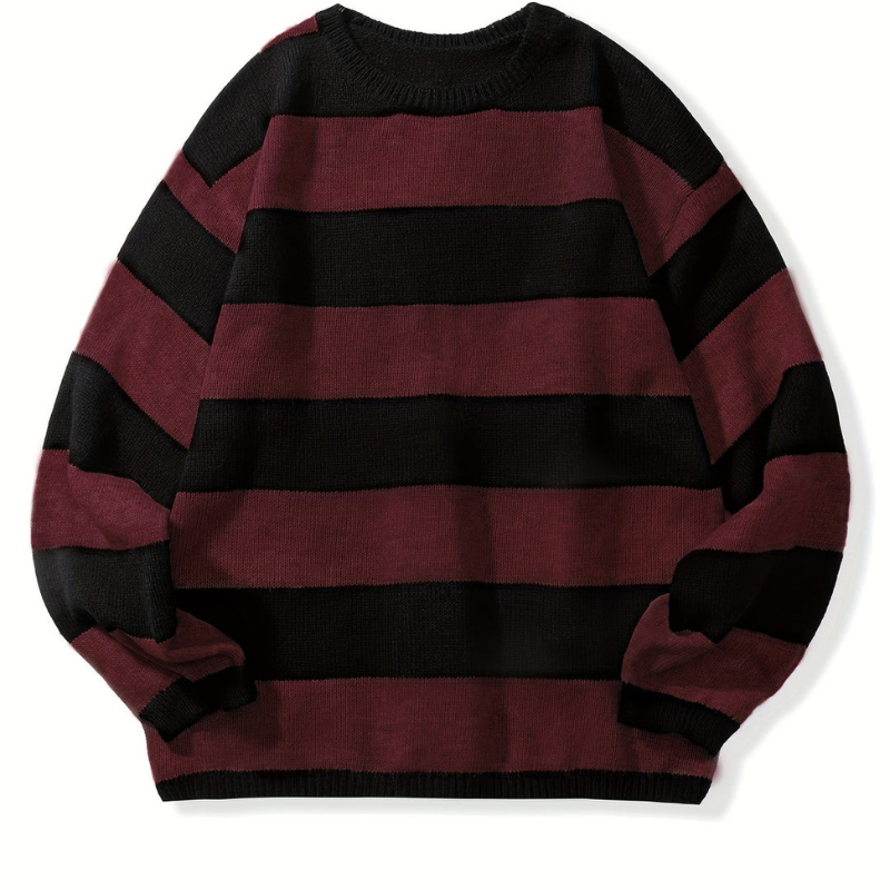 Men's Striped Knit Sweater - Retro Crew Neck - Red
