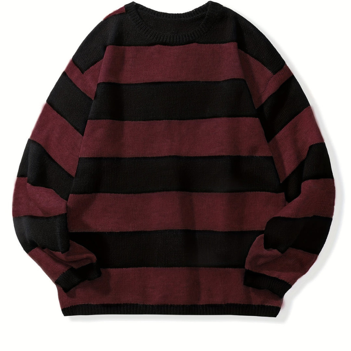 Men's Striped Knit Sweater - Retro Crew Neck - Red